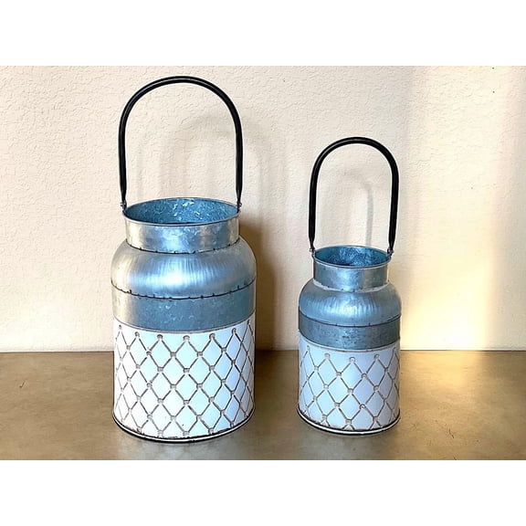 Set of 2 Decorative Metal Buckets with Handles Silver Tin Flower Vases with White Embossed Pattern Rustic Farmhouse Centerpieces for Flowers Greenery Wedding and Home Decor 10.5" & 8" H