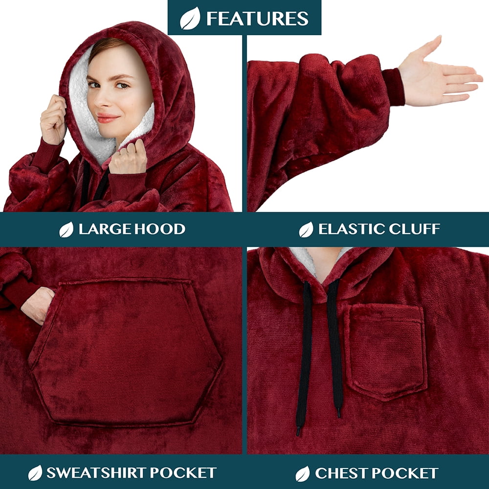 PAVILIA Blanket Hoodie for Women Burgundy, Sherpa Wearable Blanket Men, Cozy Oversized Sweatshirt Blanket, Warm Fleece Hooded Blanket Sweater with Sleeves and Giant Pocket, Wine Red