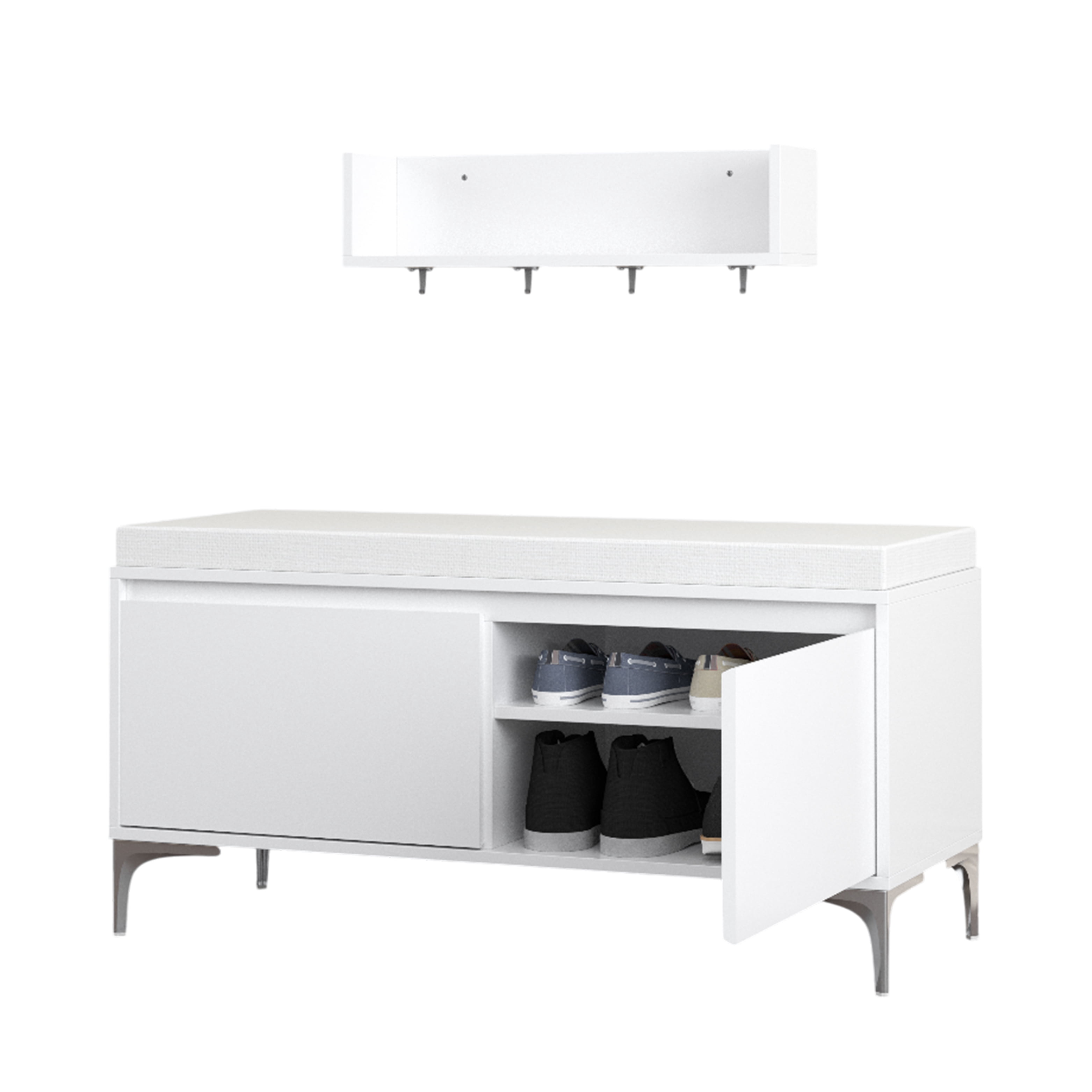 Wall-Mounted Entryway Shelf with Hooks and Storage Bench Set, Off White Metal & Wood Shoe Cabinet with Cushion