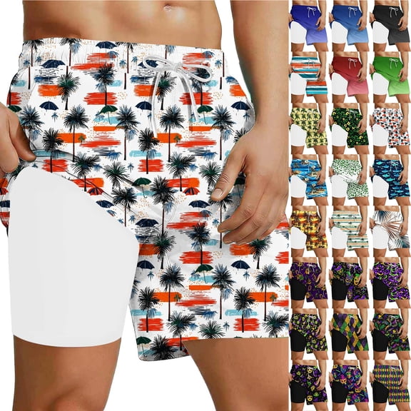 LODIENY Summer Men Swim Trunk with Stretch Liner 2 in 1 Swimwear Bathing Suit Quick Dry Board Short Casual Tie Dye/Striped/Tropical Palm Tree Printed Beach Swim Short Pants with Pockets B-Blue#02 M