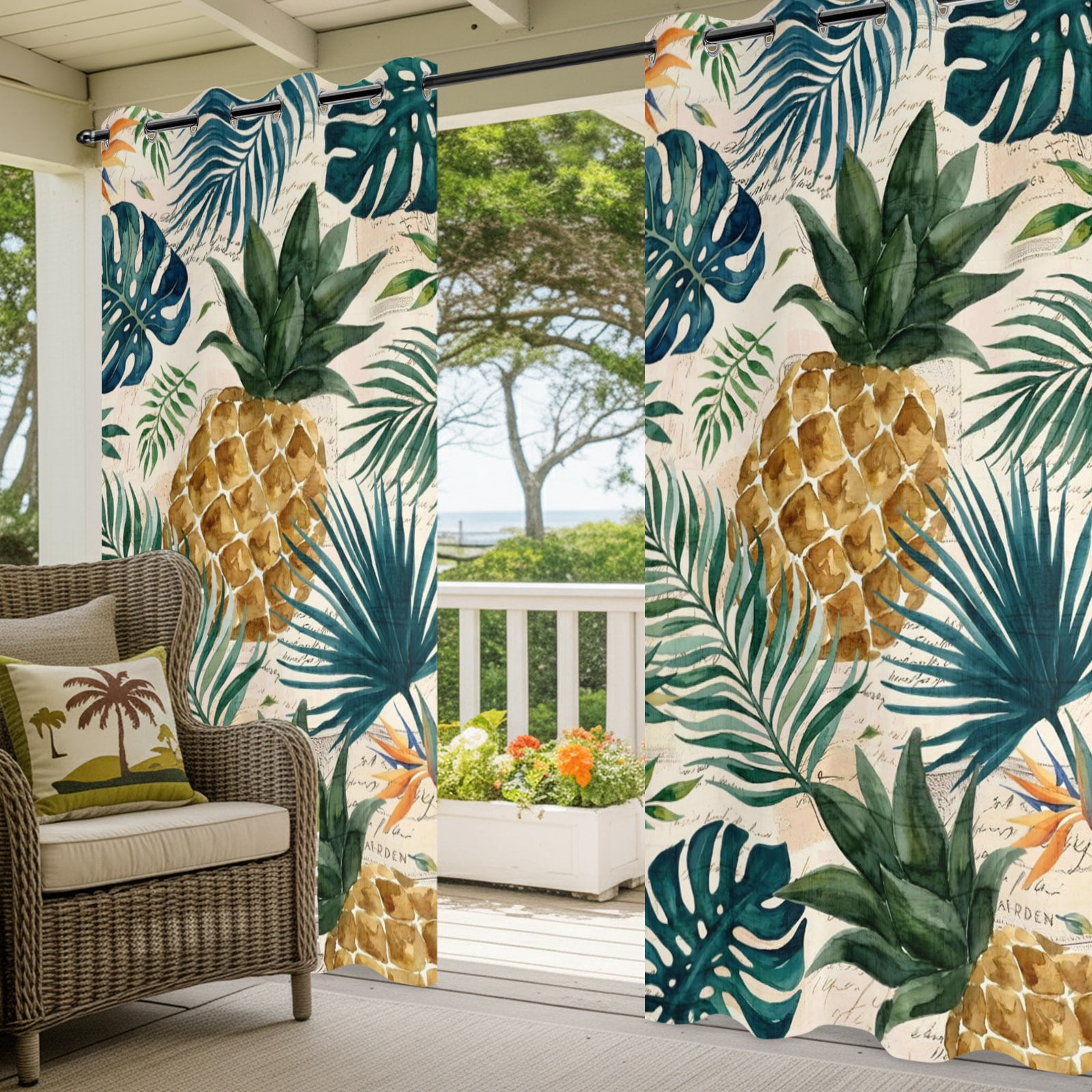 Gold Pineapple Outdoor Curtains for Patio, Monstera Leaves Vintage Tropical Botanical Summer Sunshade Privacy Drapes Grommet Waterproof Outside Curtains for Porch/Cabana/Balcony 54"x 108", 1 Panel