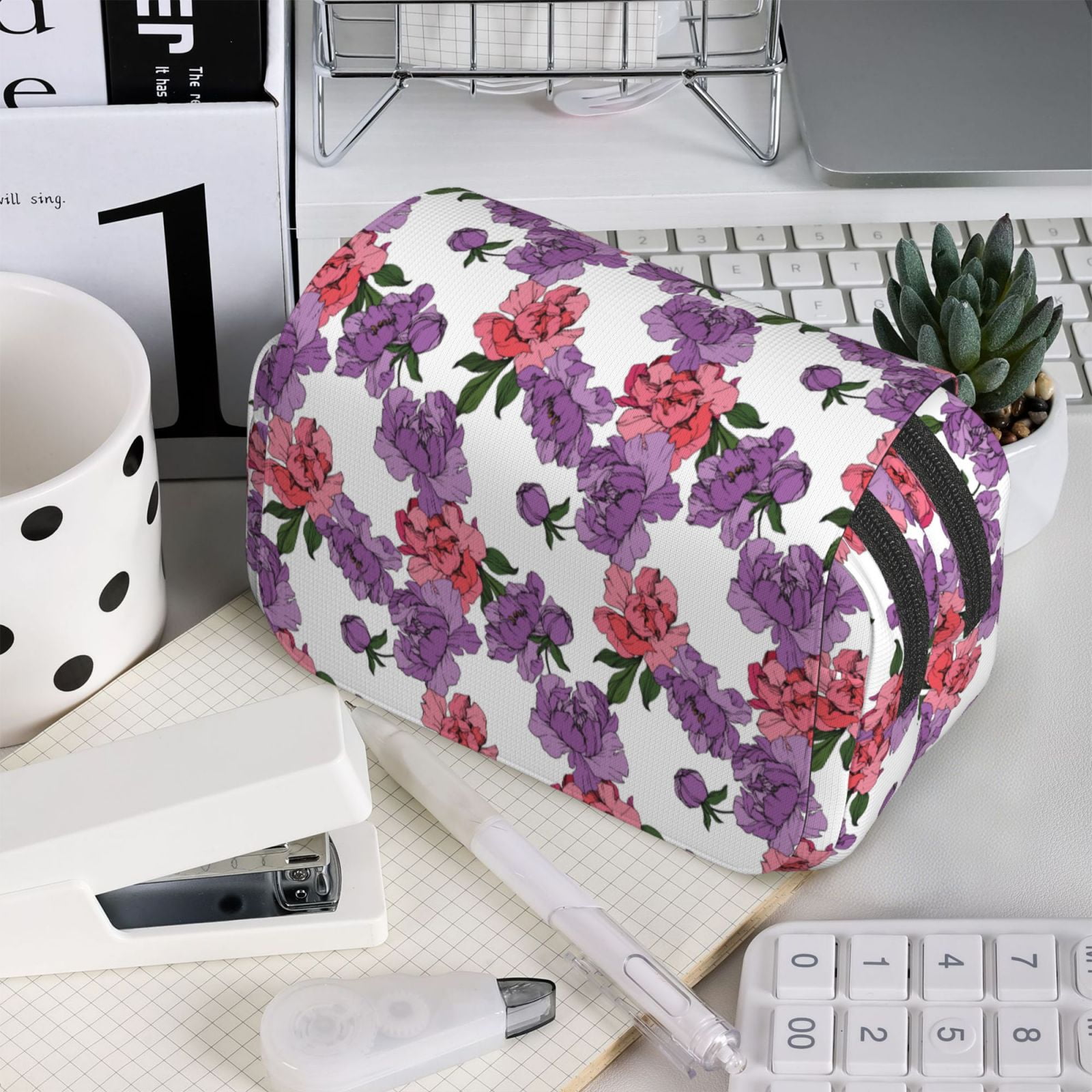 Rateoe Peonies Pattern Double Clamshell Pen Case, Storage Organizer with Two Zipper Compartments– Holds Up to 50 Pencils & Pens