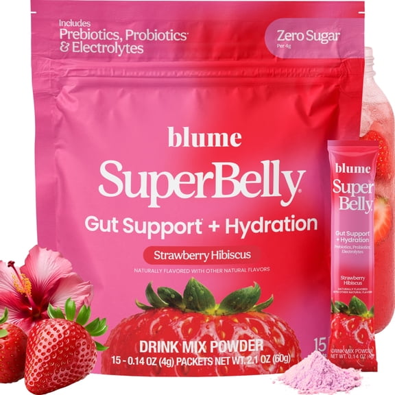 Blume SuperBelly Strawberry Hibiscus - Sugar Free Daily Gut Health Hydration, 15 Sticks