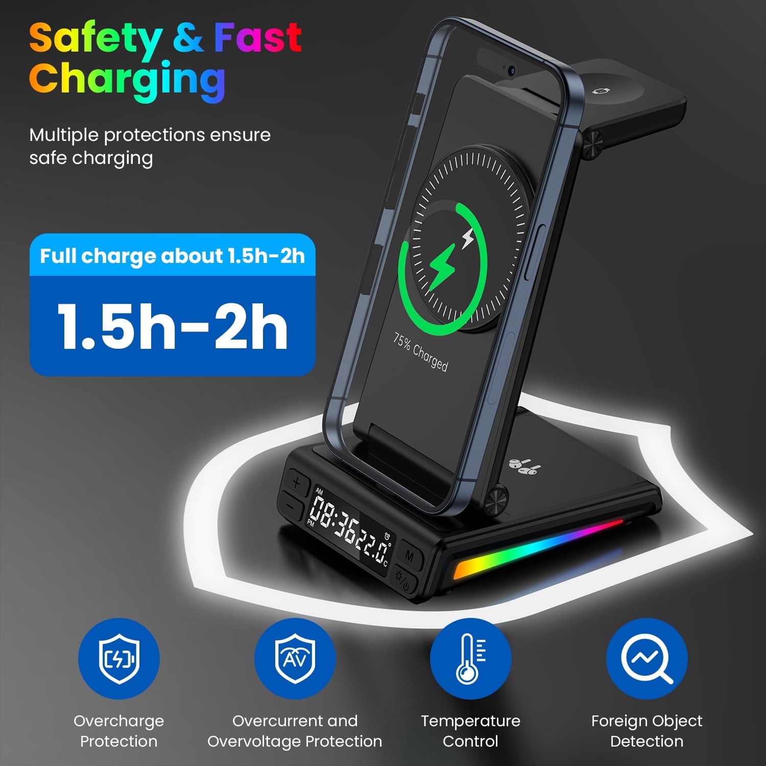 Wireless Charger,HopePow 5 in 1 Portable Fast Magnetic Wireless Charging Stand Dock Watch Charging Station for Multiple Devices FCC Approved