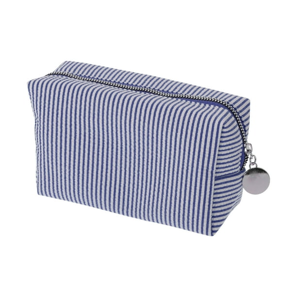 Bolsas de maquillaje de rayas únicas 1 Pc para viajar, azul marino, seersucker