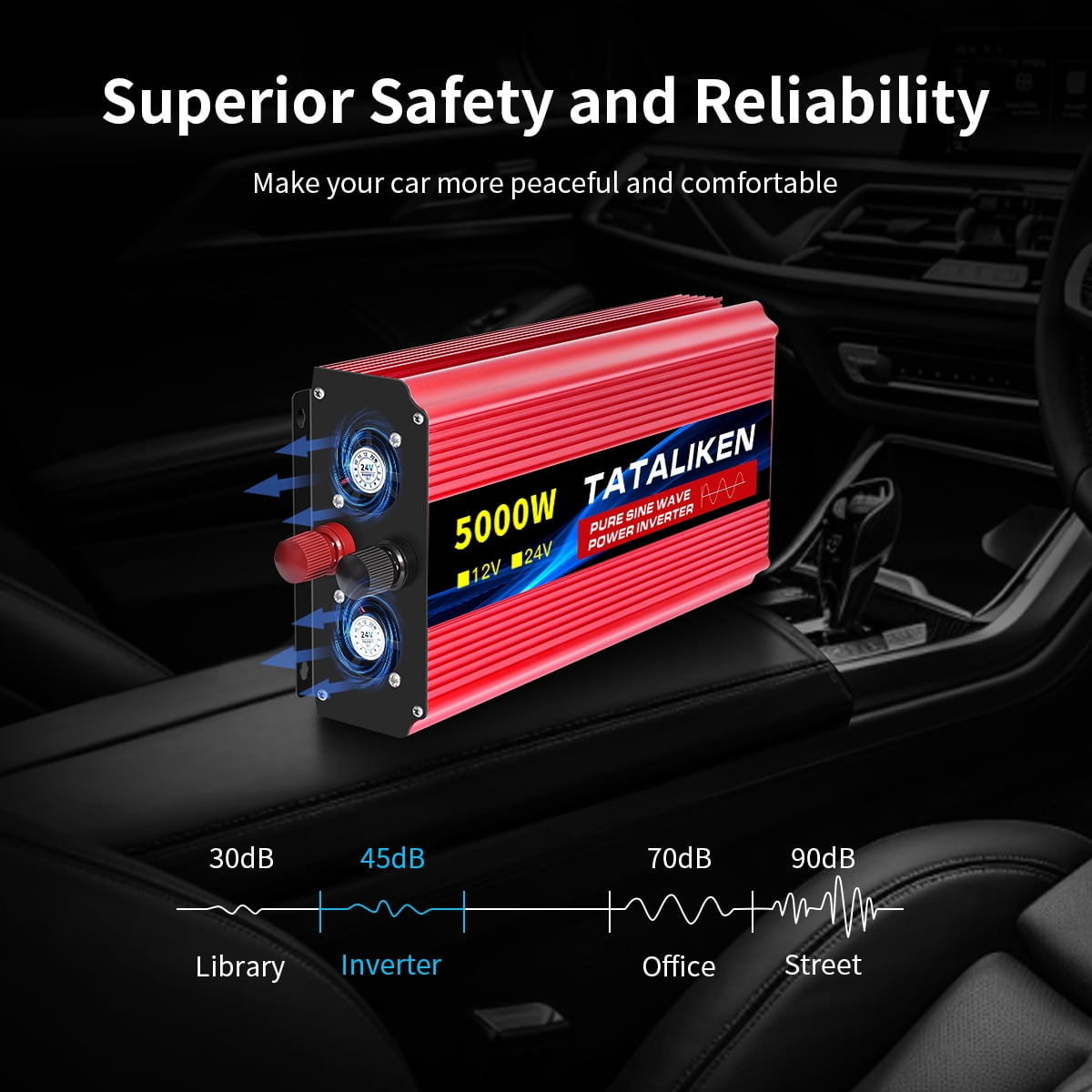 TATALIKEN 5000W（Rating power 2000 W）Pure Sine Wave Power Inverter DC 12V to AC 110V/120V Car Inverter with Battery Clamp Cable 2 AC Outlets for Power Tools Home Vehicles RV Truck, LCD Display Red