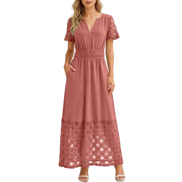 Neewe Robe Maxi d'Été pour Femmes, Ample, Unie, Col en V, Manches Courtes, Tunique, Taille Plissée, Décontractée, Longueur Cheville, Ourlet en Dentelle