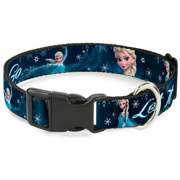 Disney Pet Collar, Dog Collar Plastic Buckle, Elsa the Snow Queen Poses Snowflakes Let It Go Blues White, 13 to 17 Inches 1.5 Inch Wide