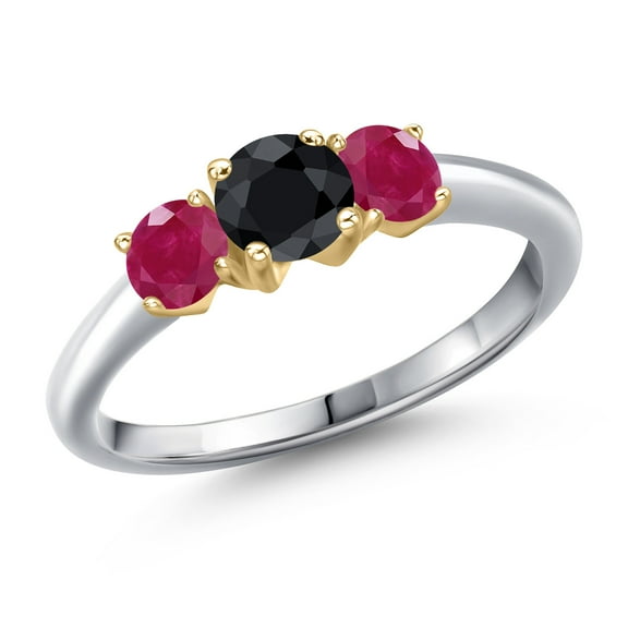 Gem Stone King 10K Two Tone Gold Black Sapphire and Red Ruby Engagement Ring for Women | 1.39 Cttw | Round 5MM | Gemstone September Birthstone | Size 7