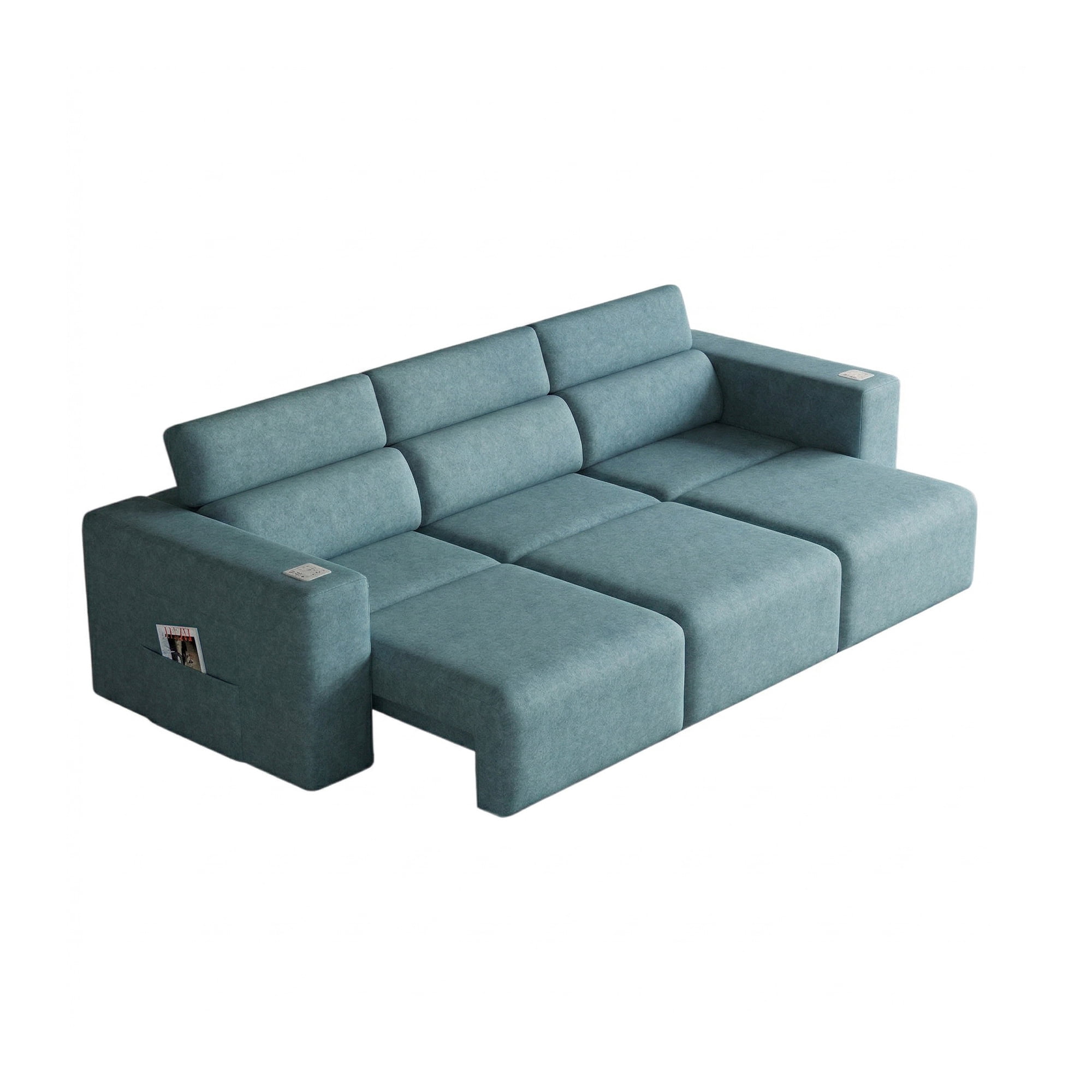 124" Convertible Power Recliner Sleeper Sofa with Adjustable Headrests, PU Leather 3-Seat Couch with Bluetooth Speakers, Wireless Charging, USB/Type-C & Night Light, Waterproof Faux Leather, Blue