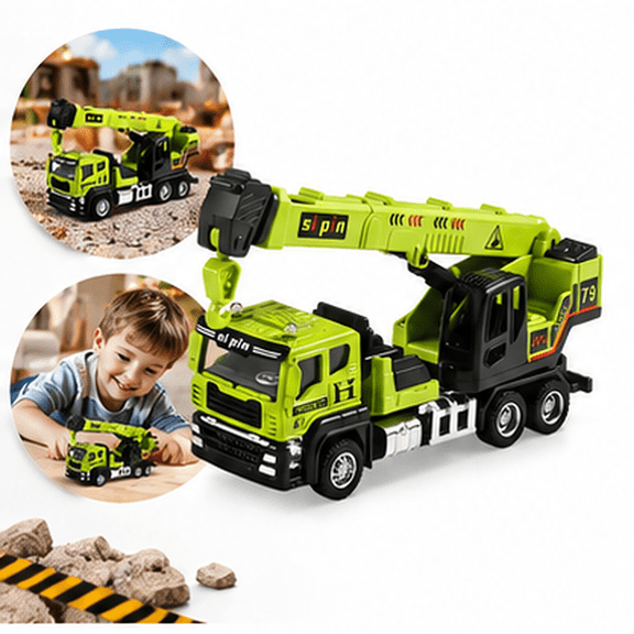 6.3 in Alloy Crane Truck Toy, Inertia Powered Construction Vehicle with Long Boom and Hook, Mini Engineering Truck for Indoor Play, Green
