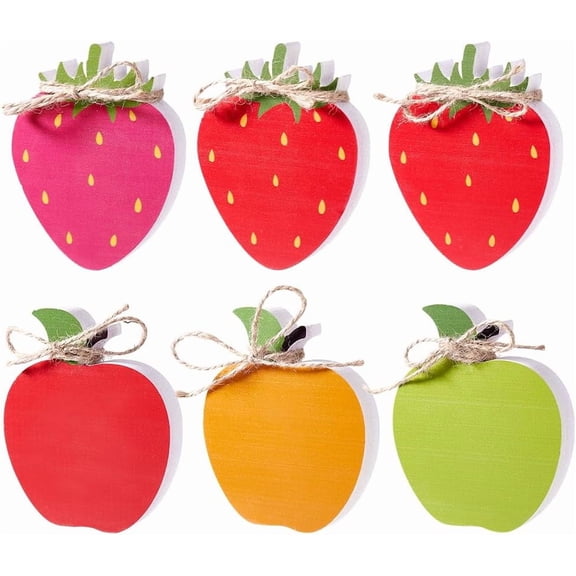 6Pcs Wood Fruits Decor Strawberry Table Signs Farmhouse Wood Tiered Tray Decor Fruits Sign Block Decor for Home Table Centerpiece Kitchen Decoration Party Supplies for DIY