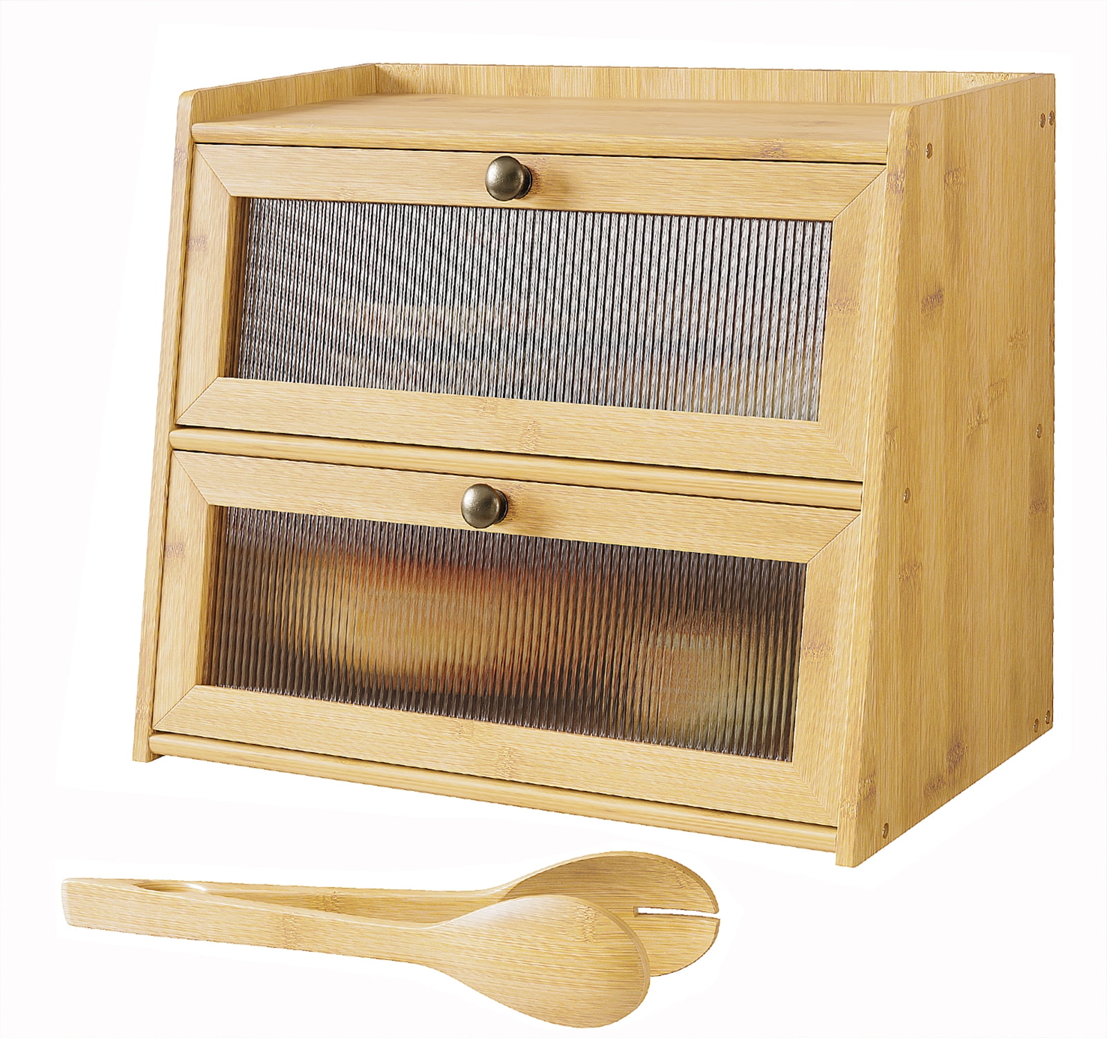BALANBO Bread Box for Kitchen Countertop Bamboo Bread Storage Container Bin 2 Layer Breadbox Holder Large Capacity Keeper Wood Farmhouse Food Organizer Pantry Shelf Clear Window（Natural color)