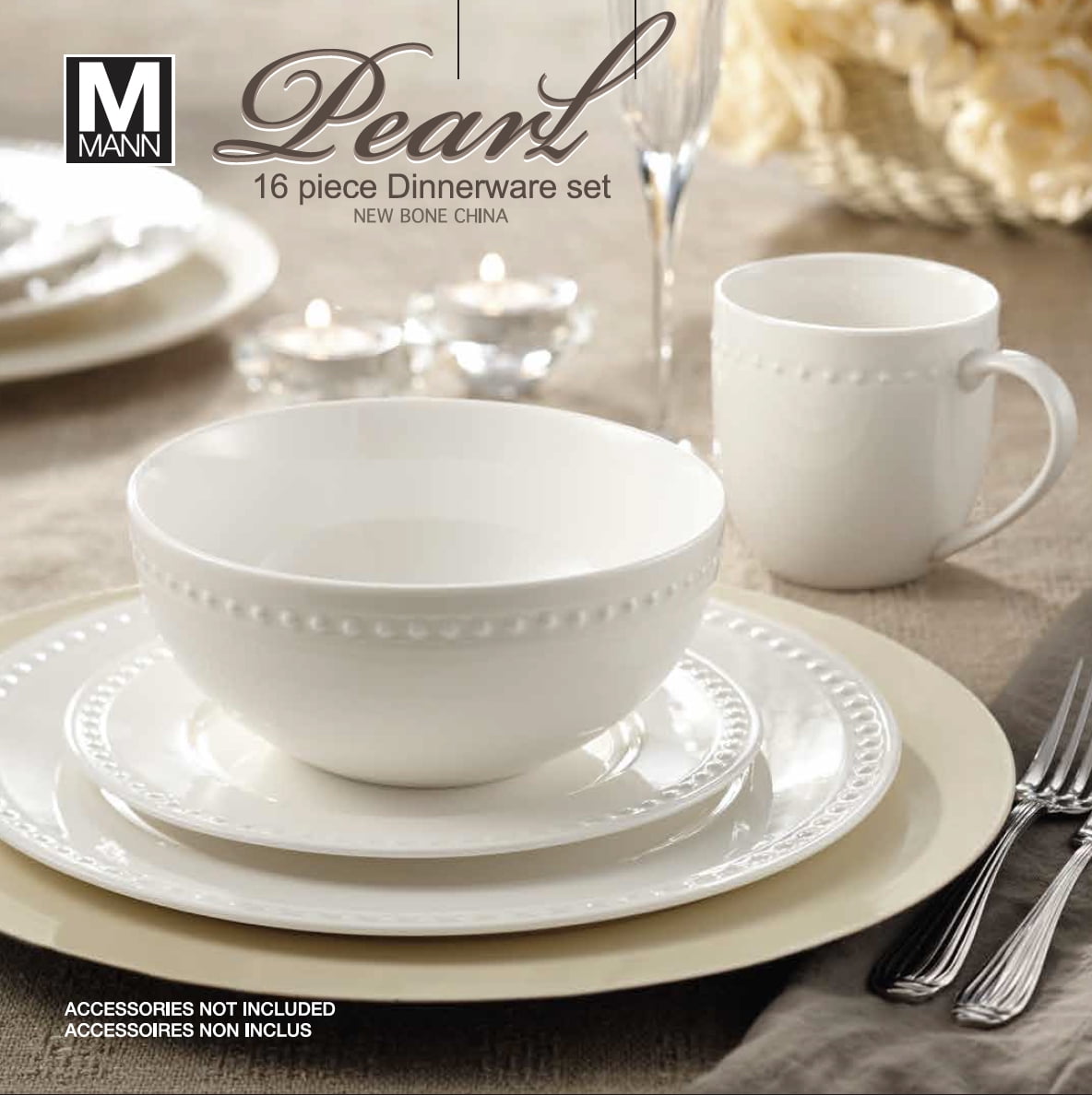 Safdie & Co. 16Piece Round Rim Dinnerware Set, White, Embossed Pearl