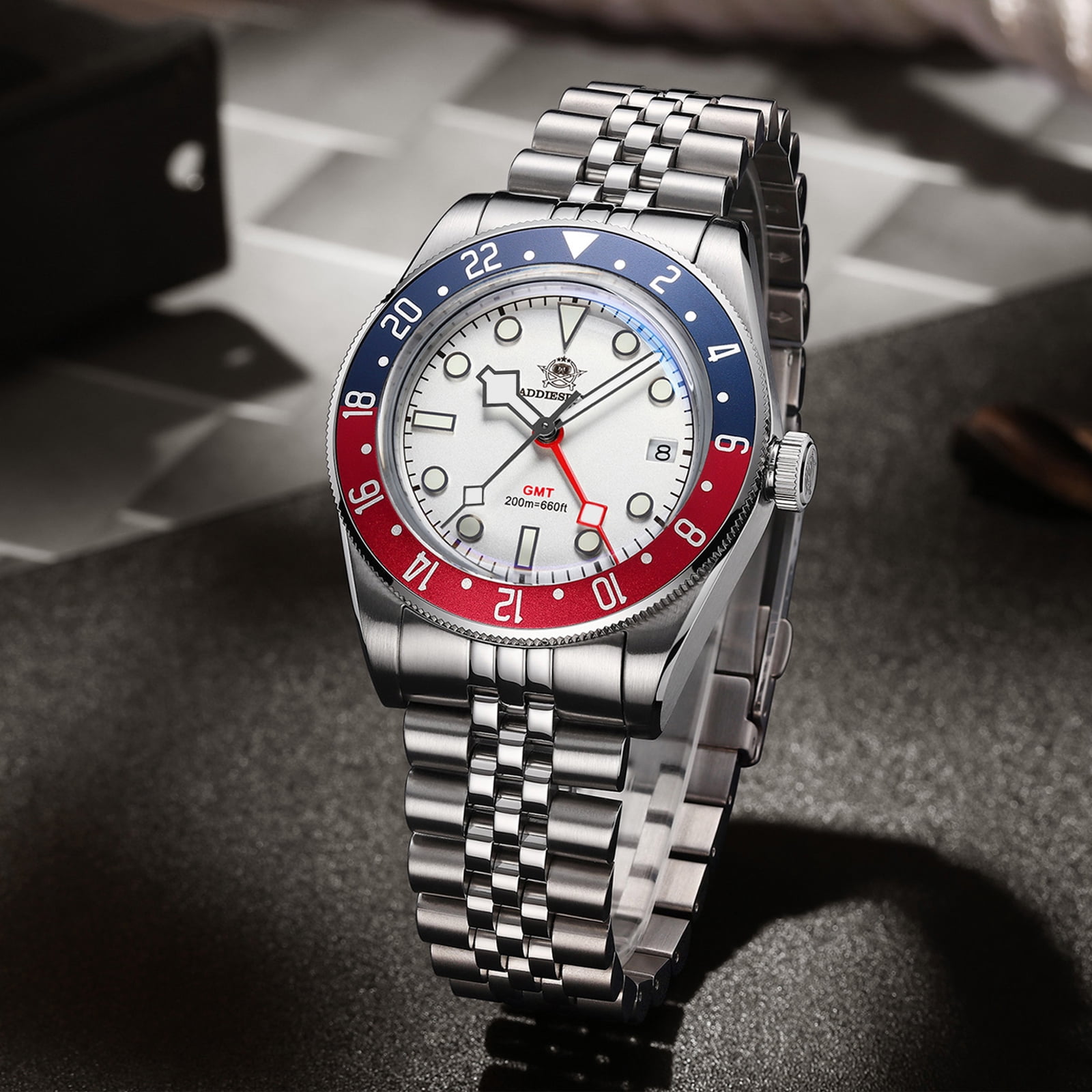 ADDIESDIVE Swiss GMT Watch for Men – 200M Diver’s Waterproof, Quartz Movement Watches,316L Stainless Steel,  BGW9 Super-LumiNova & Unidirectional Bezel