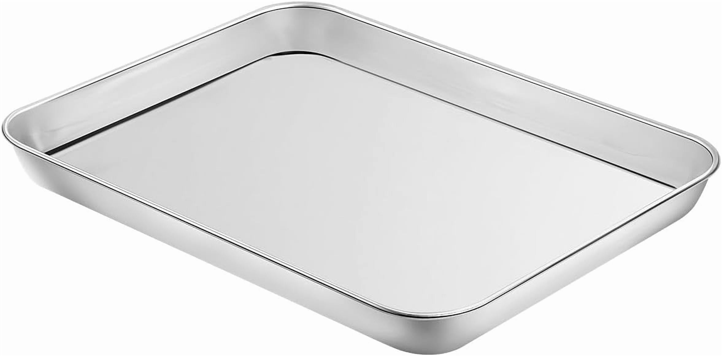 Baking & Cookie Sheets Set of 4, Stainless Steel Compact Toaster Oven Pan Tray Ovenware Professional, Size 10.23 x 8.26 x 1 inch, Heavy Duty, Deep Edge, Superior Mirror Finish, Dishwasher Safe