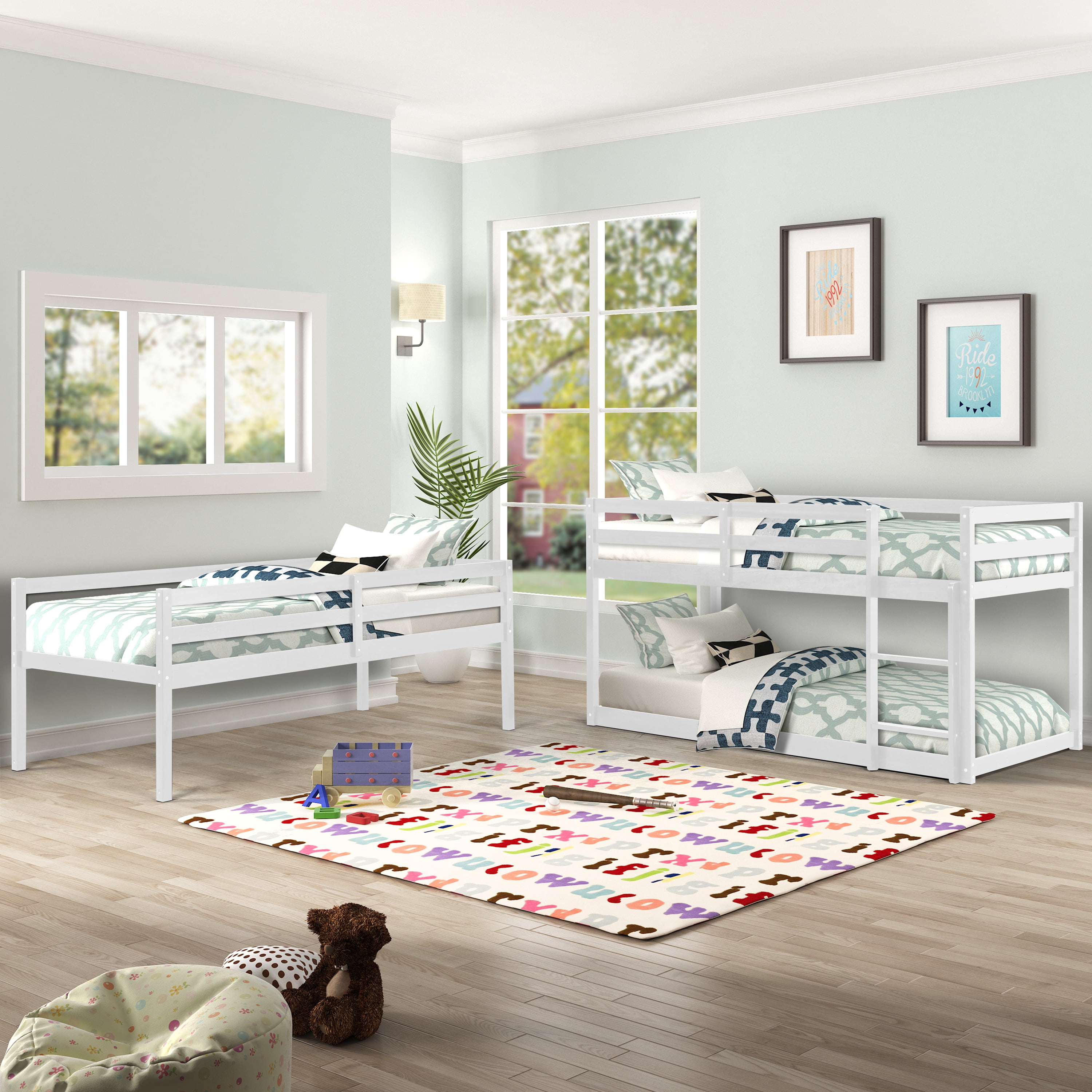 Wood Triple Twin Bunk Bed, Twin over Twin Triple Bunk Bed, Detachable