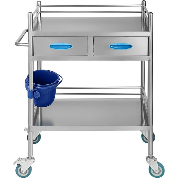 KFFKFF Laboratory Service Trolley, Dual-Tiered Stainless Steel Mobile Cart, Medical Trolley with Pair of Drawers, Dental Serving Cart with Locking Casters and Single Pail, Suitable for Labs