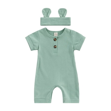 

Wassery Newborn Baby Boys Girls Jumpsuit 3 6 12 18 Months Infant Summer Clothes Short Sleeve Solid Romper with Hairband 0-18M