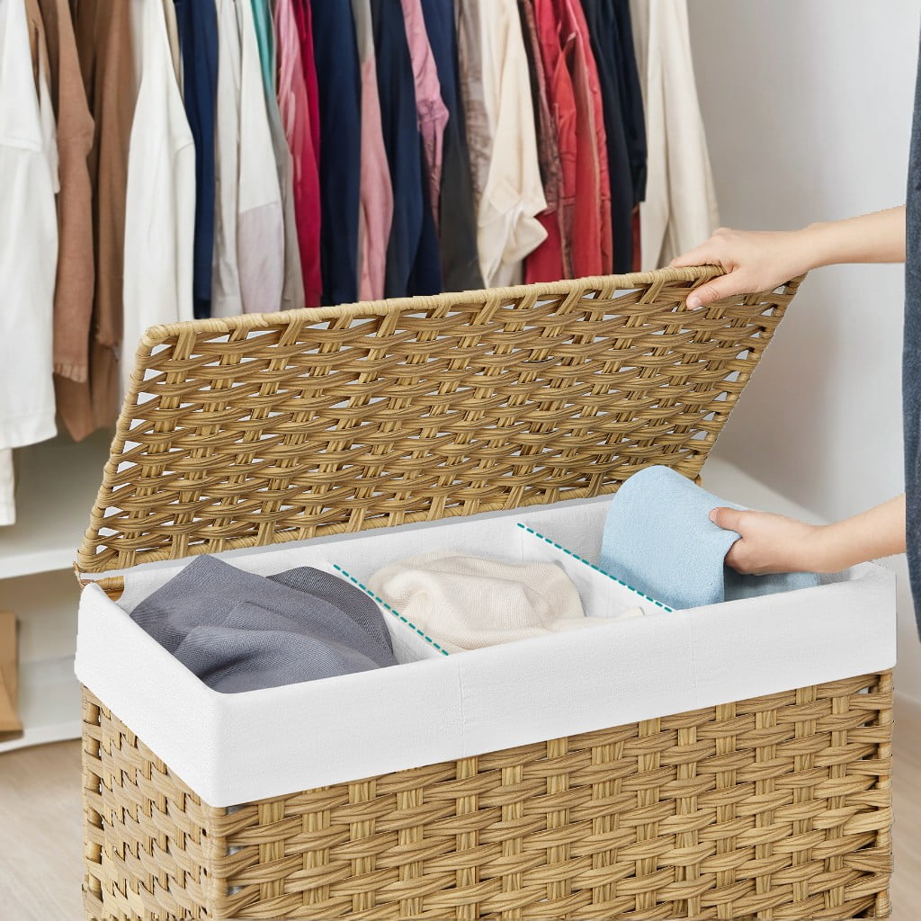140L (37 Gallon) Rolling Laundry Hamper with Lid, 3-Section Synthetic Rattan Laundry Basket Storage with Removable Liner, 26x13x26 Inches