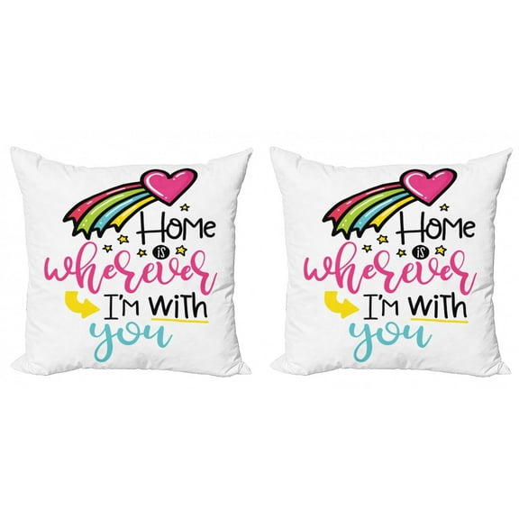 Saying Throw Pillow Cushion Cover Pack of 2, Design Home is Wherever Im with You Saying Rainbow Heart and Stars, Zippered Double-Side Digital Print, 4 Sizes, Multicolor, by Ambesonne