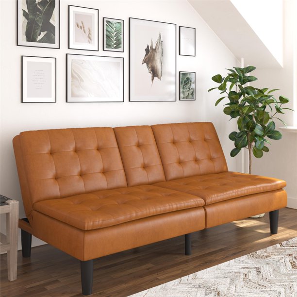 Mainstays Memory Foam Futon with Cupholder and USB, Camel Faux Leather
