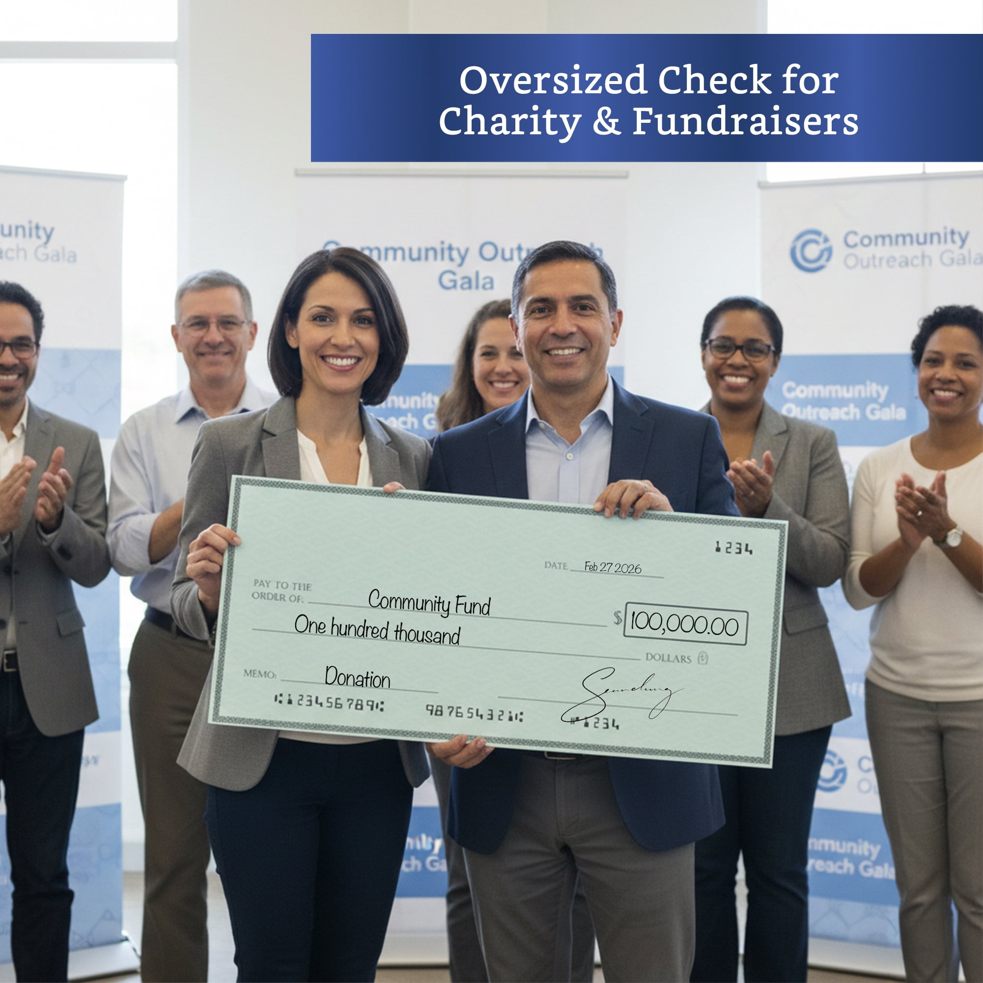 Giant Check (Plastic Cardboard 32 x 13.5 inches) - Big Checks for Presentations, Awards, Donations, Ceremonies and Events