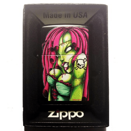 Zippo Custom Lighter - Sexy Zombie Scary BIG Boobs Hot Babe Chick Skull Cross Bones Tattoo Black Licorice Finish Rare!