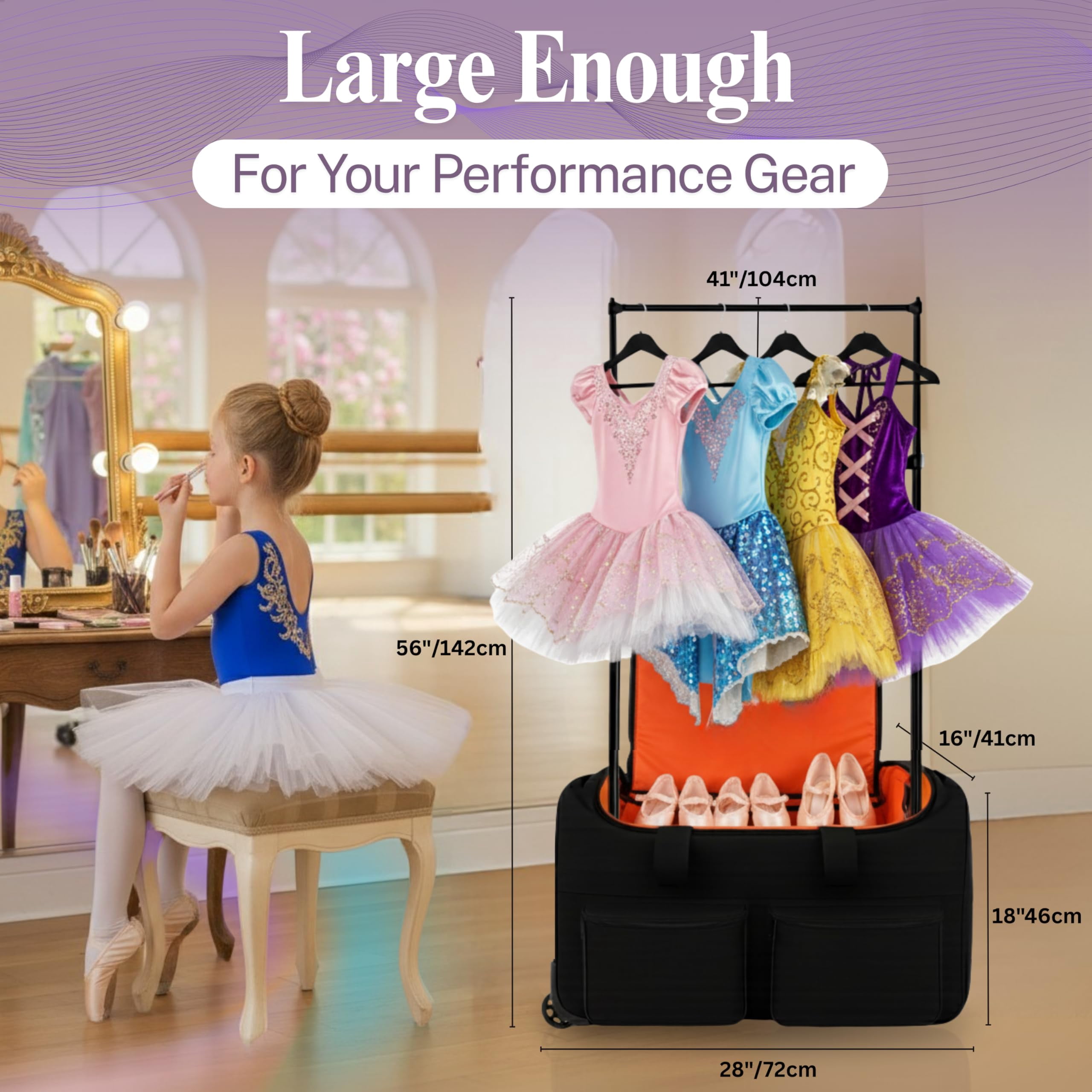 Dance Duffle Bag with Garment Rack 28" – Rolling Dance Competition Bag for Shows, Travel and Performances – Collapsible Dance Suitcase with Portable Trolley and Storage Pockets