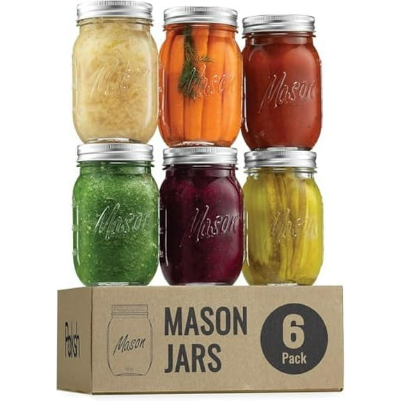 Wide Mouth Mason Jars 16 oz, 6 Pack Glass Jars with Lid & Seal Bands, 16oz Glass Canning Jars for Fermenting, Pickling, Freezing, Preserving, Meal Prep