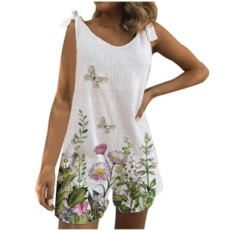 

Dyegold Jumpsuits for Women Casual Summer Short Jumpsuits for Women Sunflower Daisy Print Casual Spaghetti Strap Bib Pants Sleeveless Round Neck Rompers