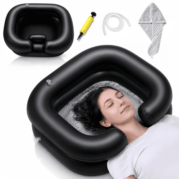 ChrumpTon Inflatable Hair Wash Basin with Drain Hose, Portable Shampoo Bowl for Bedside Hair Washing, Includes Hand Pump & Towel, for Bedside, Home Care, Sink Washing and Dreadlock Care, Black