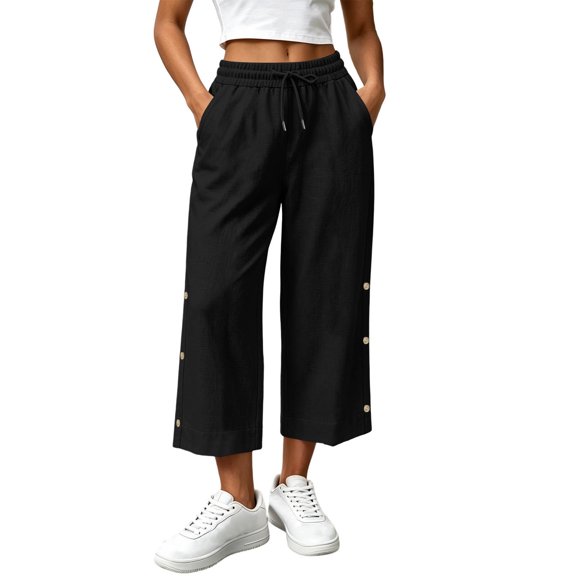 Njagoc3 Linen Capris for Women Elastic Waisted Drawstring Capri Pants with Pockets Side Button Casual Summer Cropped Pants