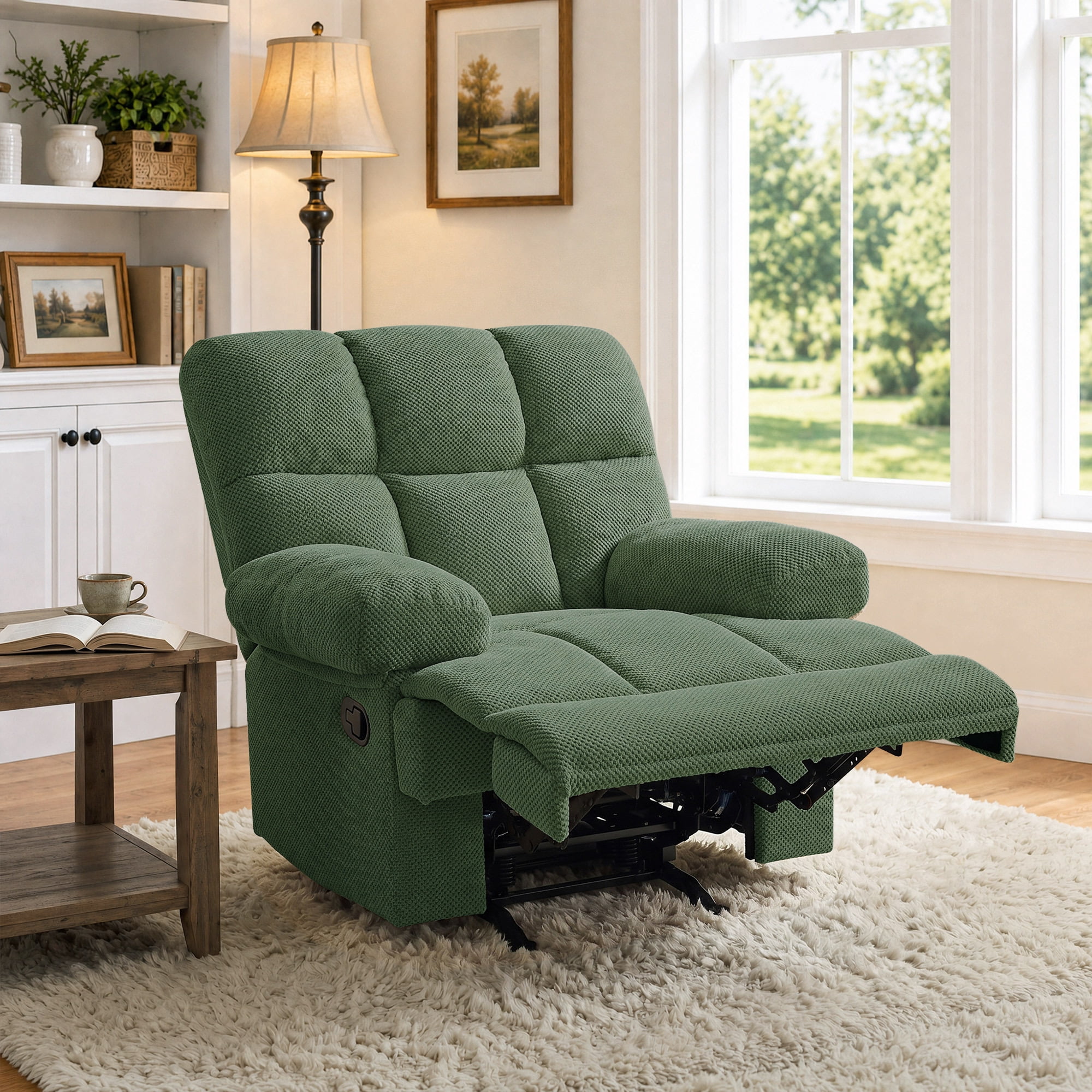 Lunale Manual Rocker Recliner for Home/Office, Adults Fabric Reclining Lounge Chair with Footrest, Green Polyester