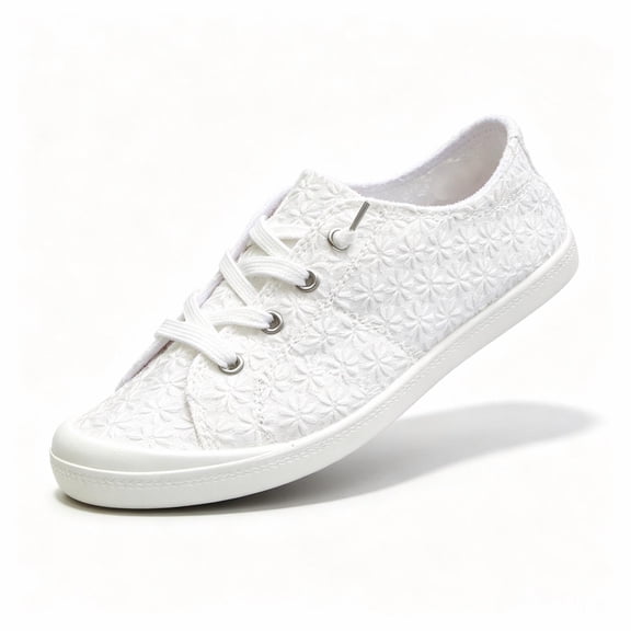 Ladies Breathable Flower Embroidery White Canvas Shoes Lightweight LowTop Casual Sneakers