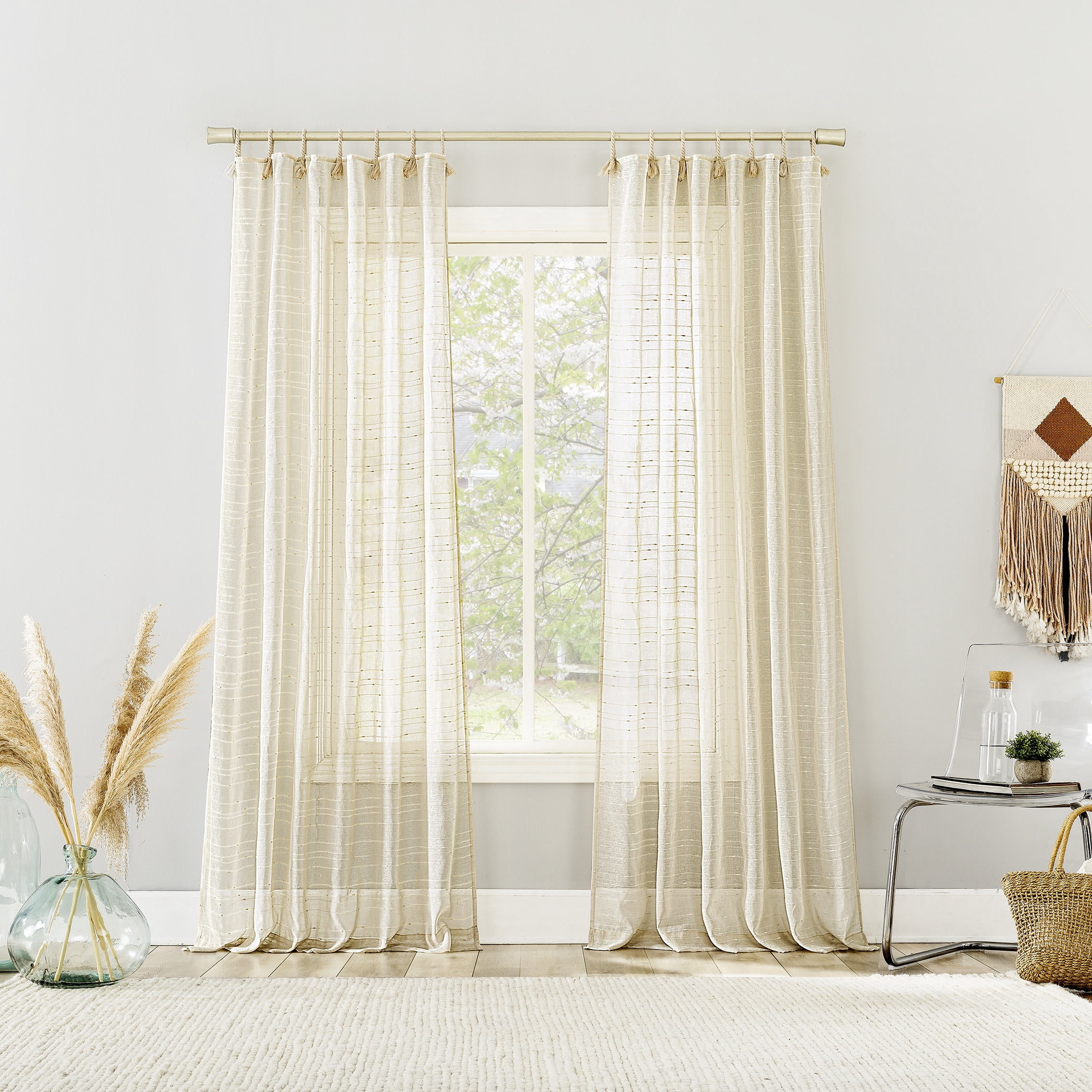 No. 918 Noemi Slub Stripe Rope Tab Semi-Sheer Curtain Panel, 1-Piece Tab Top Indoor Window Panel, 50”x84", Natural