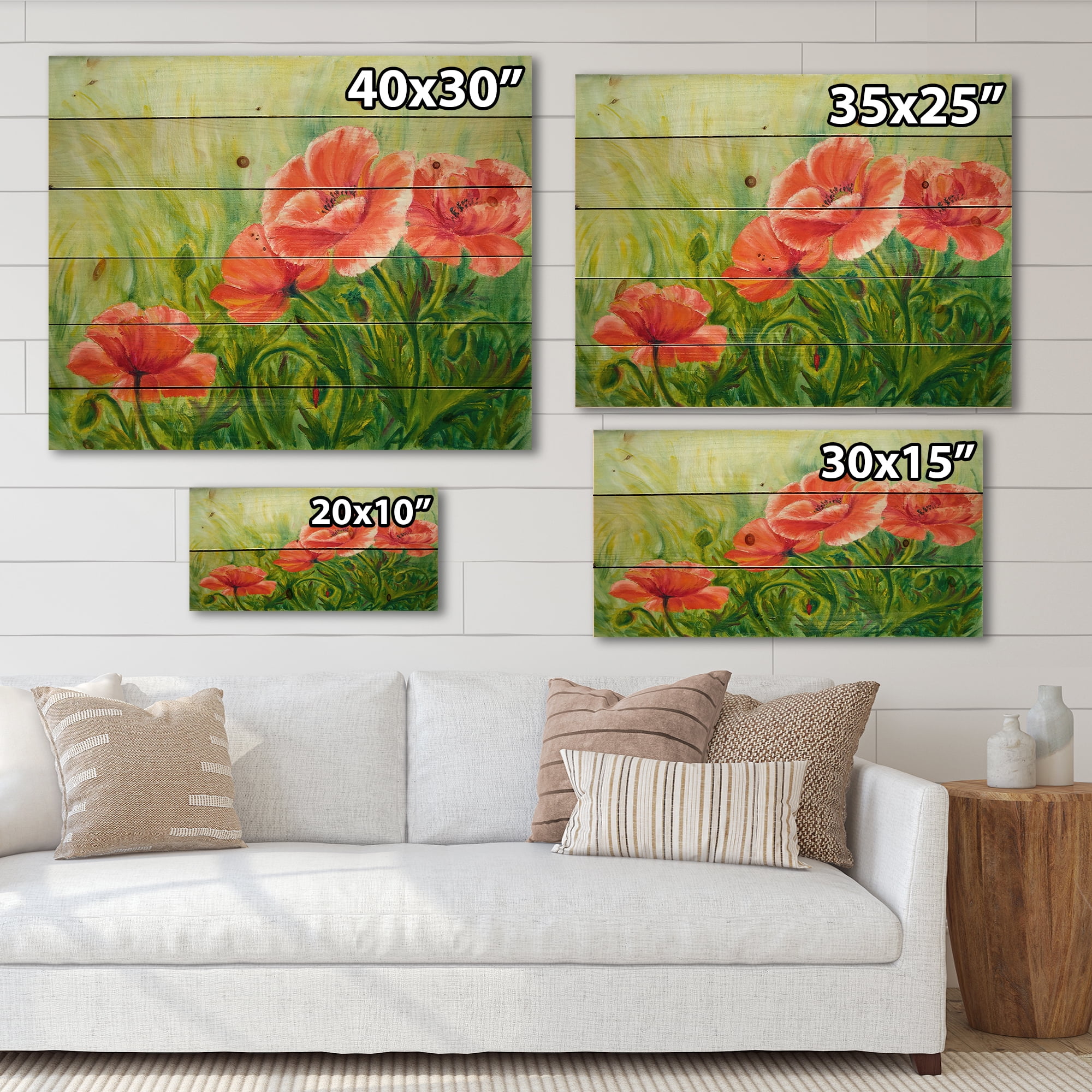 Designart 'Red Blossoming Poppies Over Wild Green III' Traditional Print on Natural Pine Wood