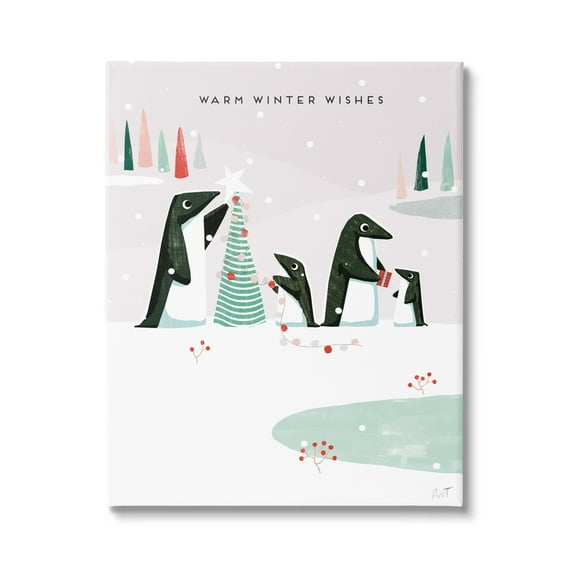 Stupell Industries Warm Winter Wishes Snowy Penguins Holiday Painting Gallery Wrapped Canvas Print Wall Art