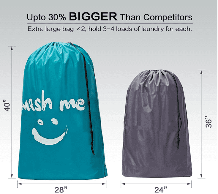 Green HOMEST 2 Pack Wash Me Travel Laundry Bag 28 x 40 Inches Rip-Stop Nylon Heavy Duty Dirty Clothes Bag with Drawstring Machine Washable Anti-Odor 