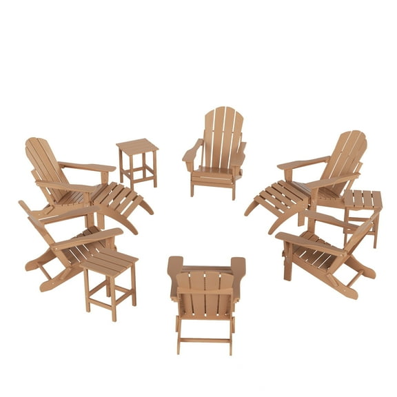 WestinTrends Malibu 12 Piece Adirondack Chairs Set, All Weather Poly Lumber Outdoor Patio Furniture Set Adirondack Chairs with Ottoman and Side Table, Teak