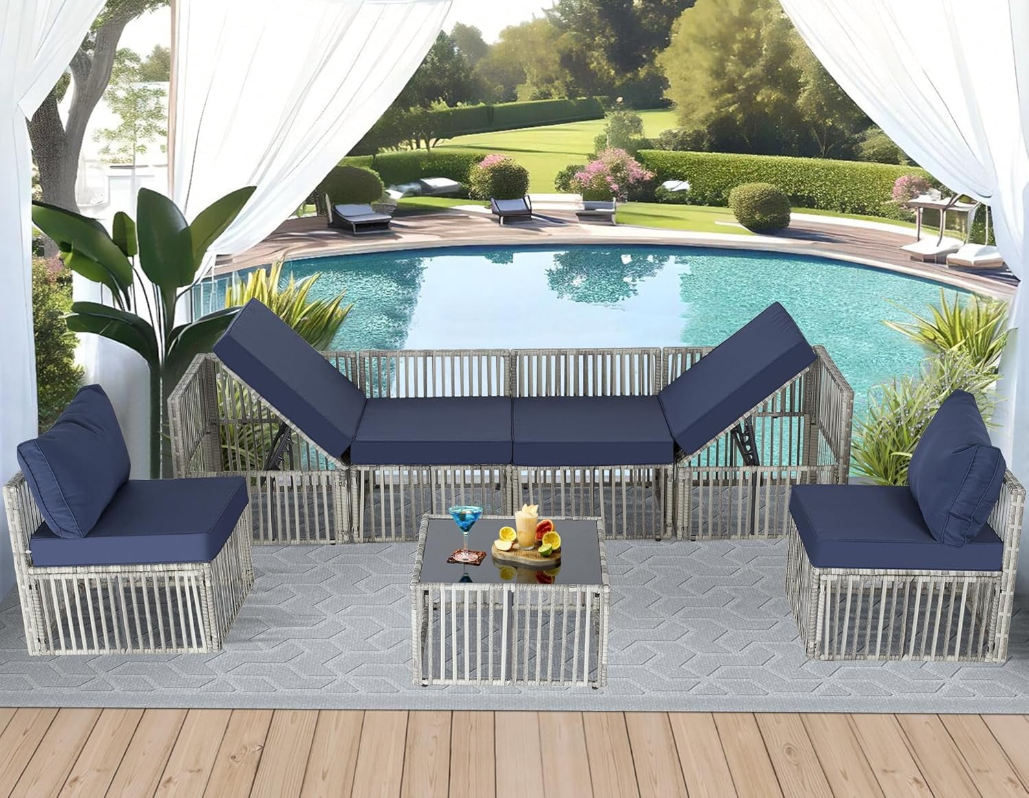 Ainfox 7 Pieces Outdoor Wicker Patio Furniture Set, Adjustable Backrest Sectional Conversation Couch with Thick Cushions & Coffee Table for Garden Porch Poolside, Gray/Blue