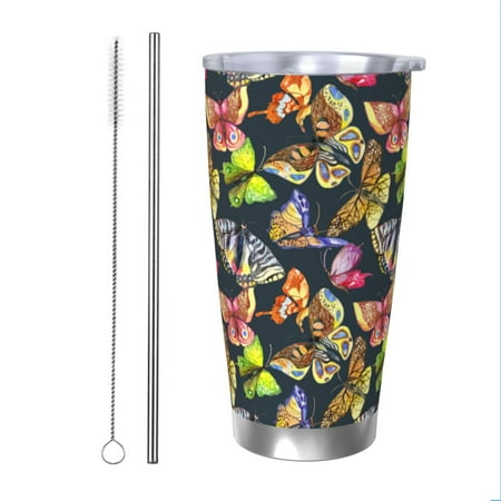 

Zeuib Butterfly Wild Insect Printed 20oz Stainless Steel Insulated Car Cup Stainless Steel Thermal Cup Vacuum Insulated Leak-proof Travel Mug Cup-Straw Two-piece Set