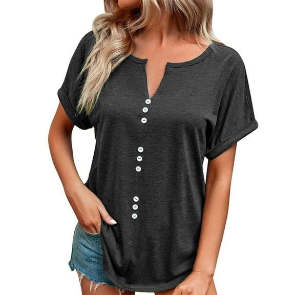 Usmixi Womens Tops Plus Size Button Down Breathable Tunic Shirts Summer Casual Short Sleeve V-Neck Solid Blouse Dark Gray XXXL