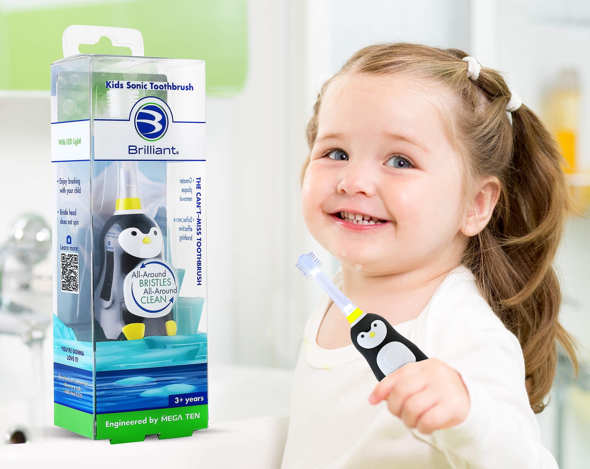 Brilliant Kids Electric Battery Round Toothbrush with Sonic Technology, Penguin