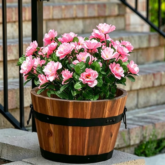Fiaya Women Artificial Azalea Flowers Pink UV Resistant Faux Shrubs Plants Fake Flowers for Porch Garden Wedding Decor 13.8in