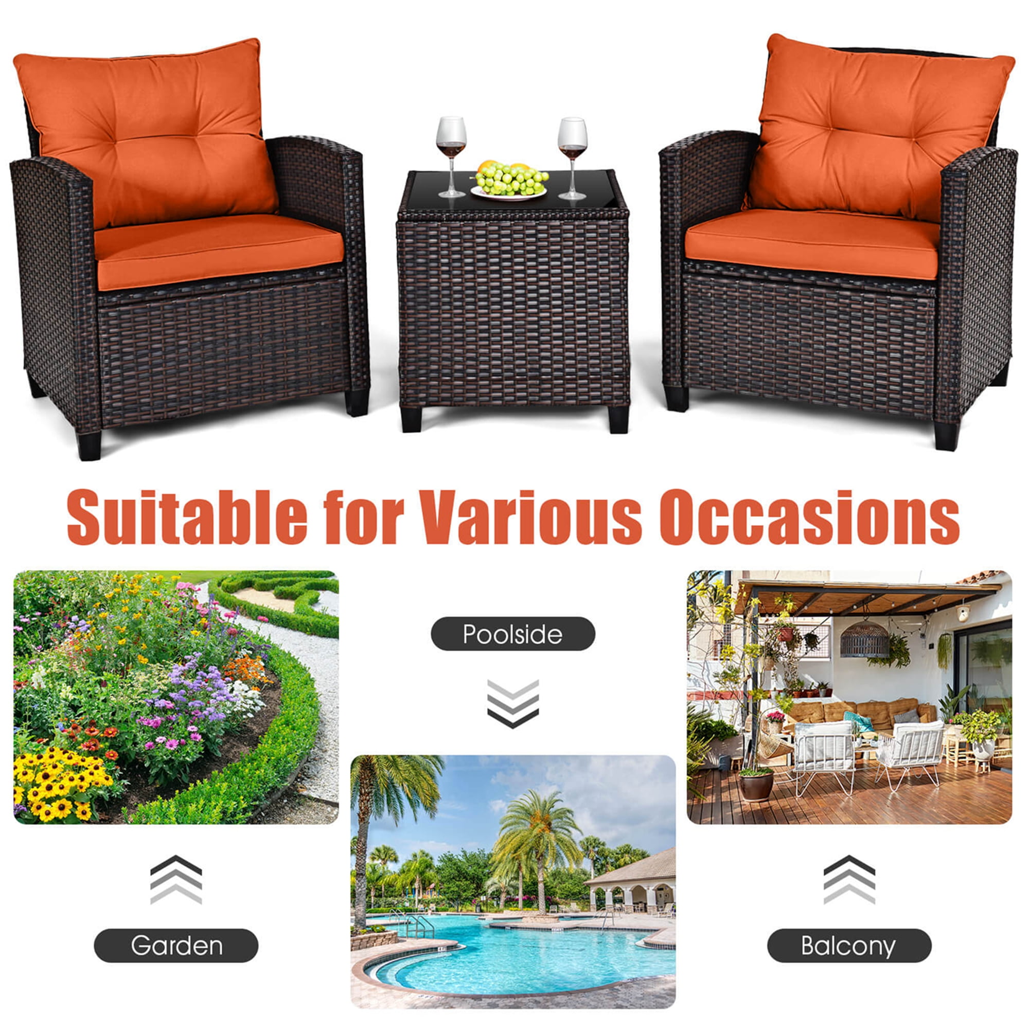 Gymax Set of 3 Rattan Furniture Set Patio Cushioned Conversation Set Sofa Orange