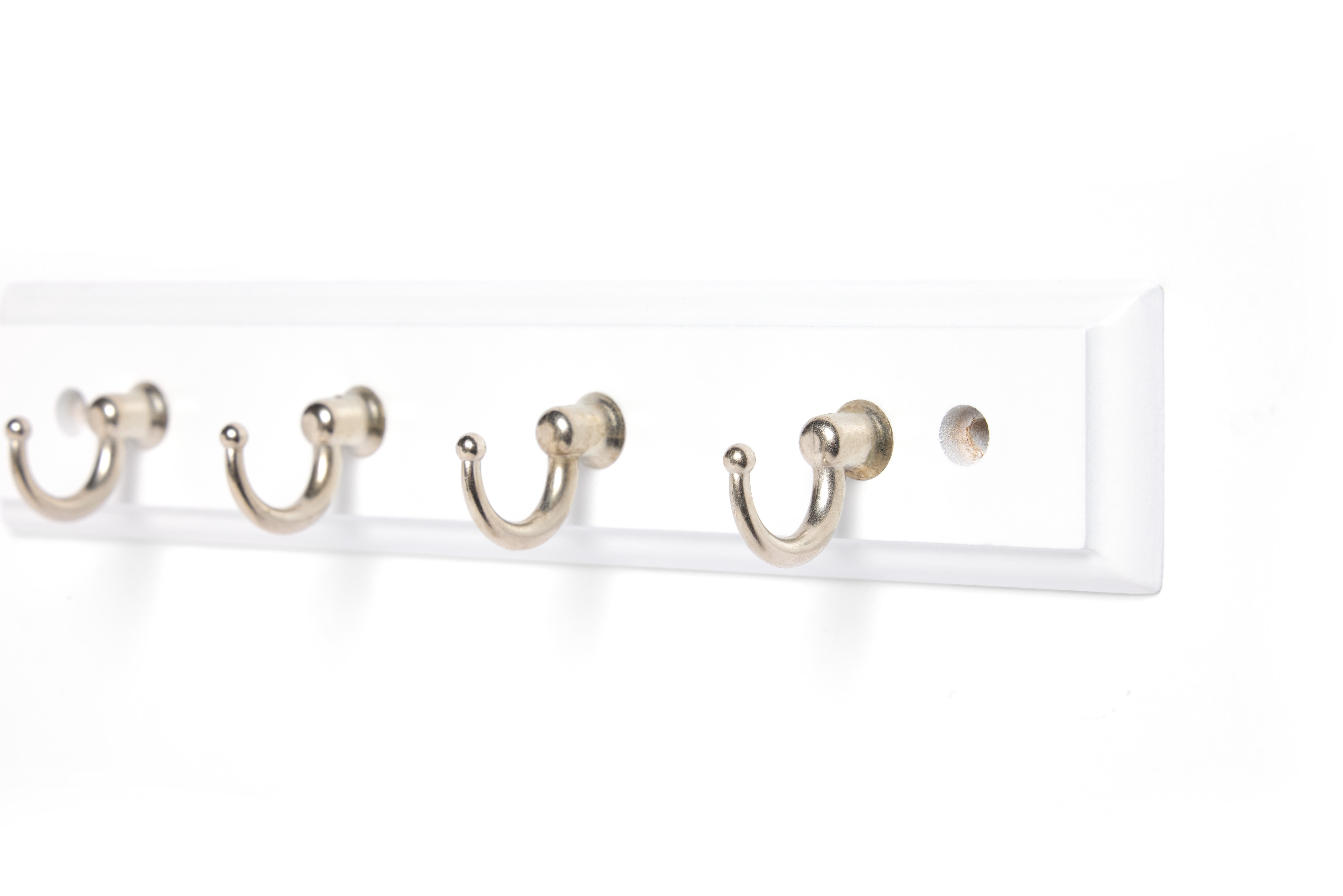 (2 pack) Mainstays White 8.75 inch Key Rail with 4 Satin Nickel Hooks for Keys, Mail, Leashes, 2 lbs Capacity, 1 Pack
