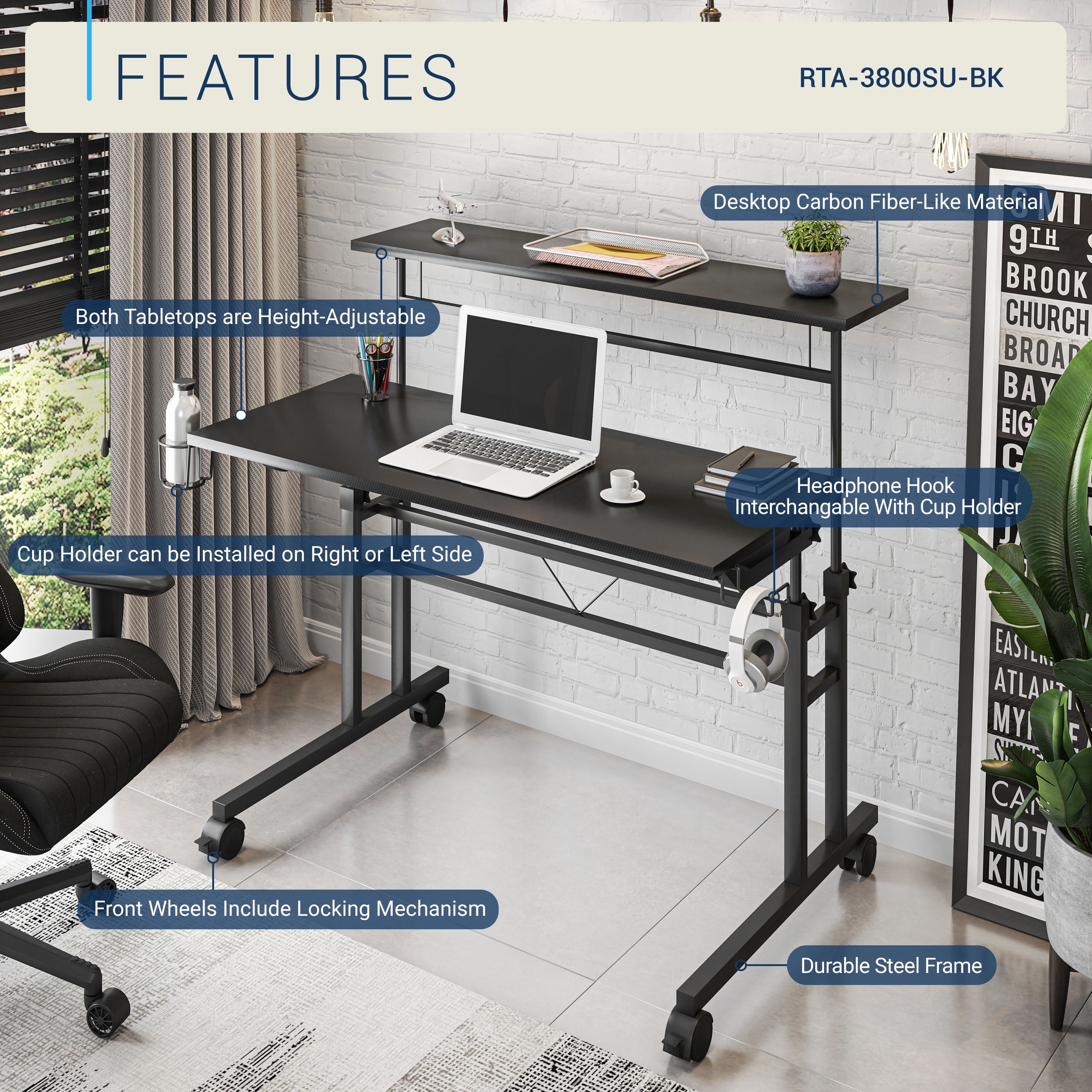 Rolling Writing Desk with Height Adjustable Desktop and Moveable Shelf, Black