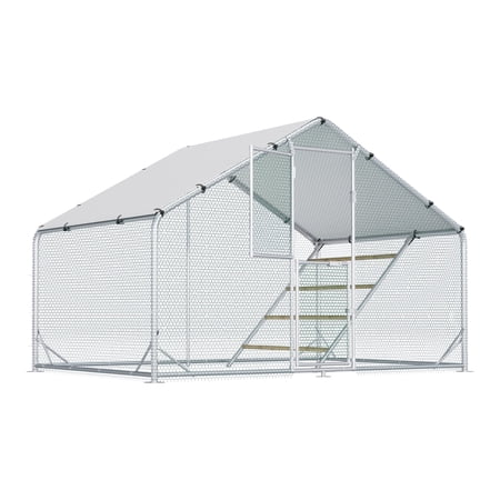 Metal Peak Top Chicken Coop with Roosting Ladder, Poultry Cage Chicken Run with Double Door and Waterproof & Anti-UV Canopy