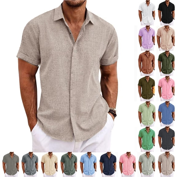 Qwertyu Men's Linen Shirts Short Sleeve Casual Button Down Shirt Business Dress Clothing Beach Fashion Summer Tops Dark Green S